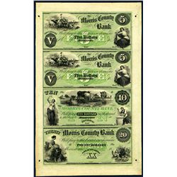 Morris County Bank, Uncut Sheet of 4, 1858-60's Full Tint Unissued Banknotes.