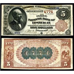 Ipswich, Massachusetts, First National Bank of Ipswich, Ch# 4774, $5, 1882 Brown Back.