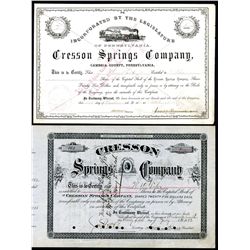 Cresson Springs Co, 1863 and 1882, Issued Stock Certificate Pair.