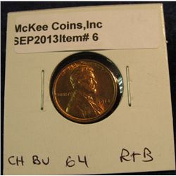 6. 1913 P Lincoln Cent. Choice BU 64. Red & brown.