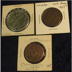 37. "Church & Co's/Soda", (1st & Delaware). 28mm, very thick, brass; 1837 Canada Half Penny Token VG