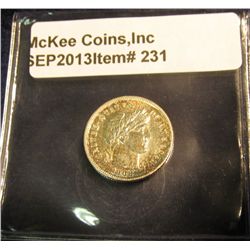 231. 1908 D U.S. Barber Dime. Nicely toned AU-Unc.