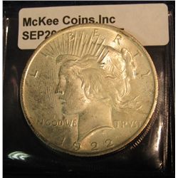 245. 1922 P U.S. Peace Silver Dollar. Brilliant MS 63.