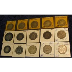 1531. (15) 1893 Columbian Exposition U.S. Commemorative Silver Half Dollars. EF-AU.
