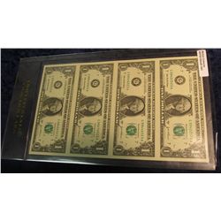 1541. Uncut Sheet of Four Series 2003A $1 Federal Reserve Notes. CU.