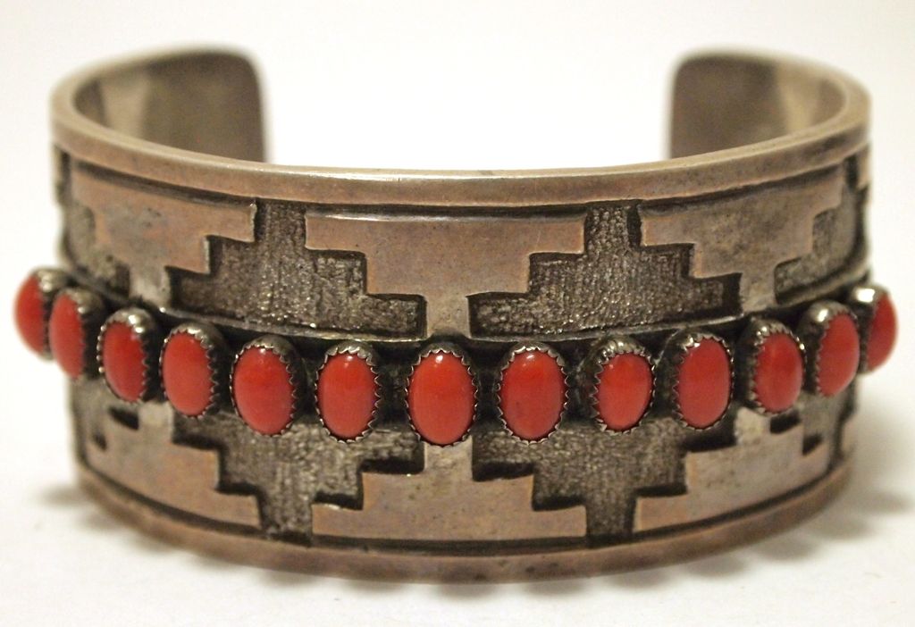 Vintage Old Pawn Navajo Coral Sterling Silver Cuff Bracelet - Rick Martinez