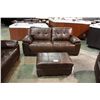 Image 2 : 5 PIECE BROWN LEATHER SOFA, LOVESEAT, TWO CHAIRS AND OTTOMAN