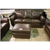 Image 2 : 4 PIECE BROWN STUDDED LEATHER TRADITIONAL ARM SOFA, LOVESEAT, CHAIR AND OTTOMAN