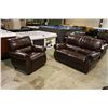 Image 1 : 2 PIECE BROWN STUDDED LEATHER LOVESEAT AND CHAIR