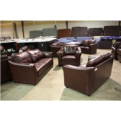 3 PIECE MODERN BURGANDY LEATHER SOFA, LOVESEAT AND CHAIR