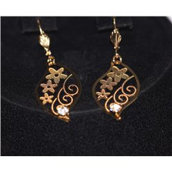 14K GOLD PLATED CZ CLEAR DANGLING FLOWER EARRINGS