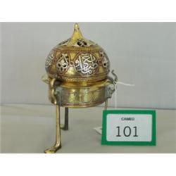 Antique brass incense burner with copper and silver inlay, 7" high £80 - 120...