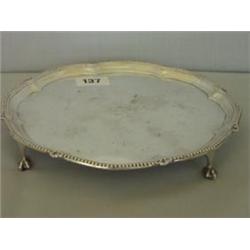 Victorian silver waiter with beaded and gradooned rim on four ball and claw feet, 8" diameter, Sh...