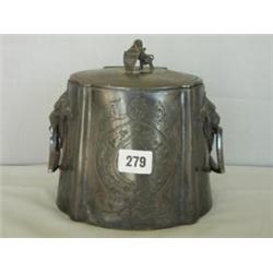 Unusual pewter biscuit barrel with lion head handles £30 - 50...