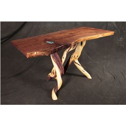 Hand Carved Walnut Sofa Table With Inlays and Twisted Juniper Base