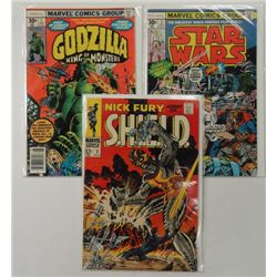 3 Comics: Godzilla #1 Aug 77, Star Wars #2 Aug 77, Nick Fury  Agent of Shield #2