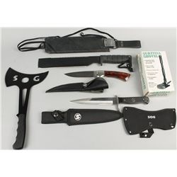 Lot of 3 knives, 1 Hatchet, and 1 Survival Shovel