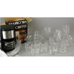Bar glass lot and Mr. Coffee Maker.