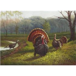 5 x 7 Oil on Board ~Turkeys in Forest~ Signed