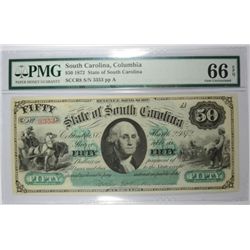 1872 $50 STATE OF SOUTH CAROLINA (REVENUE BOND SCRIP) PMG 66 EPQ