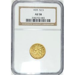 1835 $2.50  GOLD, NGC AU-58, SUPER COIN, GREAT INVESTMENT!