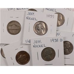 10 JEFFERSON NICKELS (38-D,39,39-D,39-S,40,41-D,42,42-D,43,43-D) GOOD-UNC