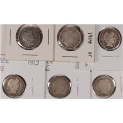 6 BARBER DIMES (94-O,10,11-D,13,14,14-D) AG-XF