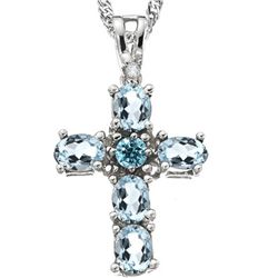 STUNNING CROSS AQUAMARINE & DIAMOND  SILVER PENDANT