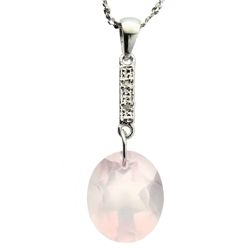 OVAL 10X12 ROSE QUARTZ & DIAMOND SILVER PENDANT
