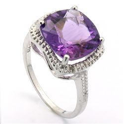 12MM CUSHION AMETHYST& DIAMOND 0.925 SILVER RING