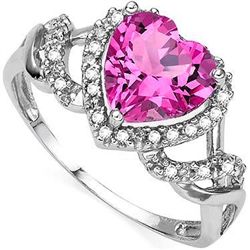8mm HEART SHAPE PINK TOPAZ & DIAMOND SILVER RING