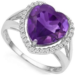 BIG 10MM HEART AMETHYST, DIAMOND ACCENT SILVER RING