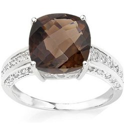 12MM CUSHION SMOKY TOPAZ & DIAMOND IN 10K GOLD RING