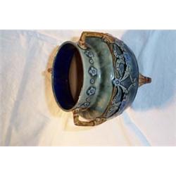 ROYAL DOULTON LAMBETH WARE three handled jardiniere in the traditional blues and greens. 100 - 15...