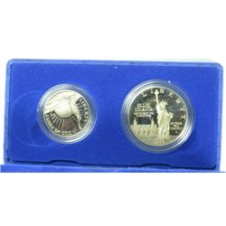 1986 STATUE OF LIBERTY 2 PIECE PROOF SET, SILVER DOLLAR CLAD HALF, ORIG. PACKAGE