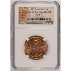 1913 CANADIAN $10.00 GOLD ( BANK OF CANADA HOARD ) NGC MS-63 RARE, BOOKS $4400