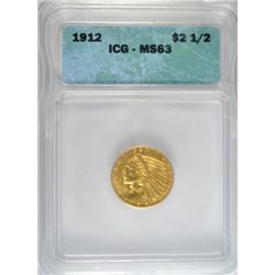 1912 $2.5 INDIAN GOLD COIN ICG MS-63 NICE! SCARCE DATE IN THIS GRADE