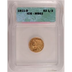 1911 D $2.50 GOLD INDIAN ICG MS62, STRONG D, LOOKS MS63!