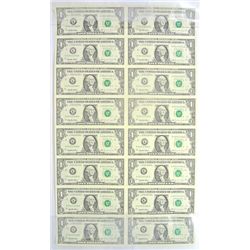 UNCUT SHEET OF 16 1995 $1.00 FEDERAL RESERVE NOTES