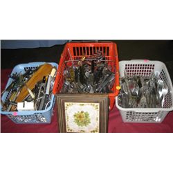 3 Baskets Misc. Silverware & Kitchenware.