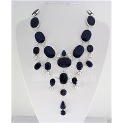 Exquisite 870.00ctw Corrundum Sapphire Silver Necklace
