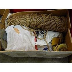 BOX OF ASSORTED ROPE, SAND PAPER, STEEL WOOL ETC