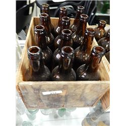 WOOD BOX OF BROWN BEER BOTTLES - LONG  NECK