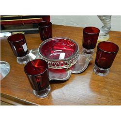 RUBY RED GLASSES & BOWL - SILVER SET