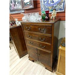 WALNUT LINGERIE CABINET - 1940-50'S - LIFT TOP STORAGE, DROP FRONT DRAWER FRONT, 1 DRAWER & 2 DOORS