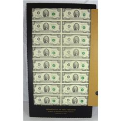 UNCUT SHEET OF 16 1976 $2.00 NOTES ( BICENTENNIAL ) IN BLACK TREASURY HOLDER