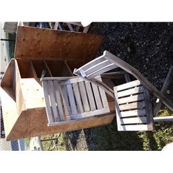 (2) teak folding chairs & plywood storage cabinet