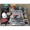 Image 1 : Pallet of tools & work lights (2) oil catches, delta battery charger, cord, threaded stands, etc.