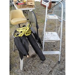 Garden cloth, tar paper, chrome & vinyl bar stool, rope, folding chair, step ladder, plastic table