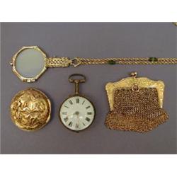 A pair of gold lorgnettes, octagonal frames and pierced open work handle, stamped 9ct and a rope...